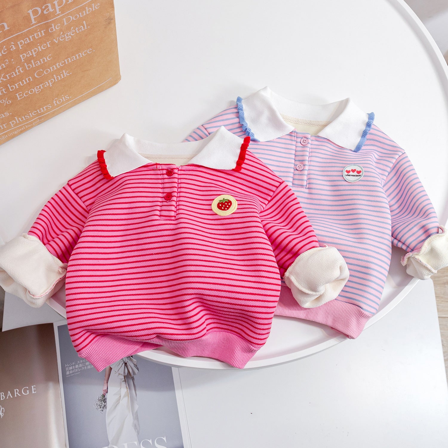 Baby Girl Striped Pattern Polo Neck College Style Hoodies My Kids-USA