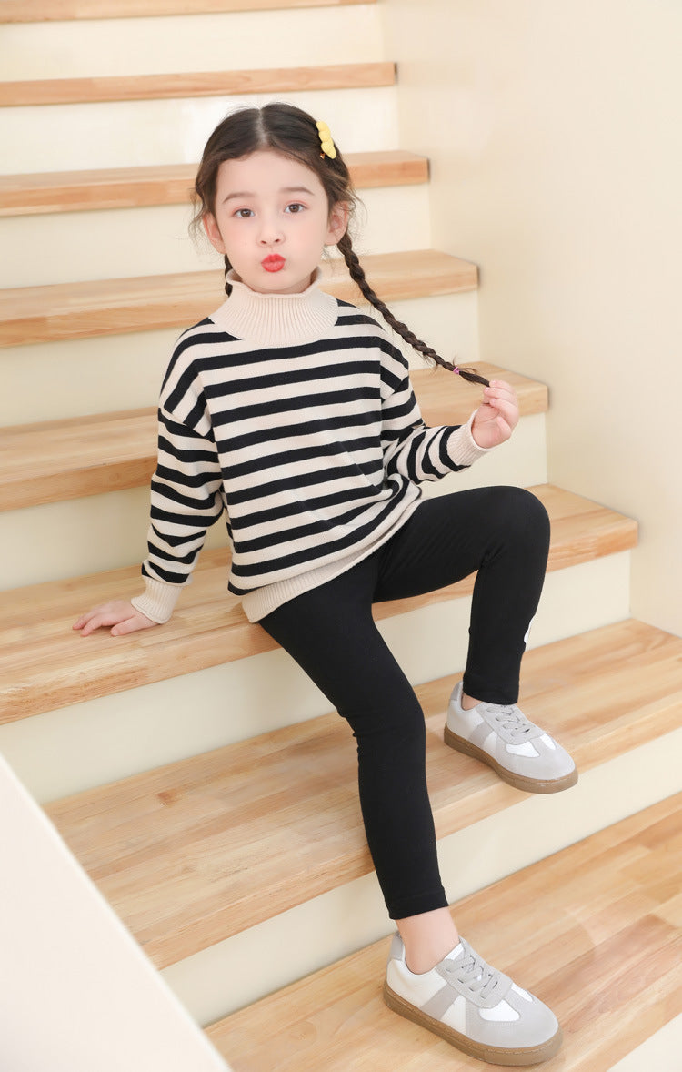 Kids Classic Pattern Black & Khaki Strips High Neck Pullover Knitwear