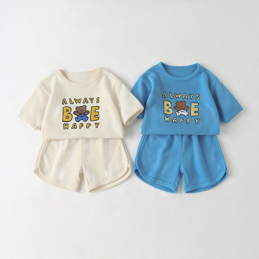 Baby Cartoon Bear & Slogan Pattern Waffle Fabric Tops Combo Solid Shorts 1-Piece Sets My Kids-USA