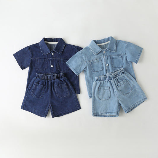 Baby Solid Color Butoon Front Denim Shirt Combo Shorts Sets In Summer My Kids-USA