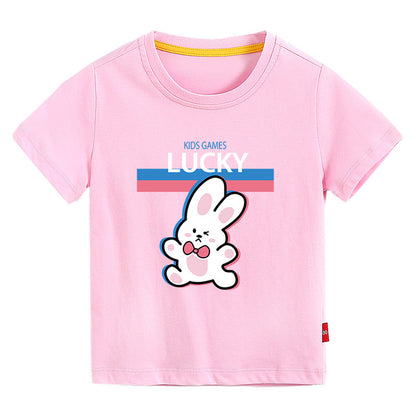 Baby Girl Lucky Rabbit Print Pattern Short-Sleeved Round Collar Casual T-Shirt