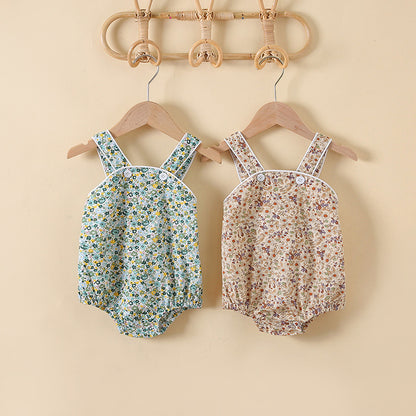 Baby Girl Floral Print Pattern Solid Color Sleeveless Onesies In Summer Outfit Wearing My Kids-USA