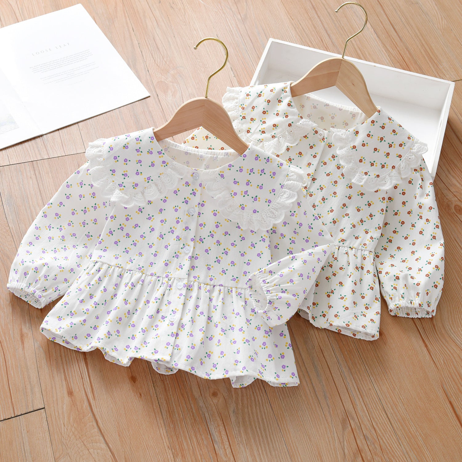Baby Girl Ditsy Flower Graphic Doll Neck Single Breasted Design Fashion Baby Blouse My Kids-USA
