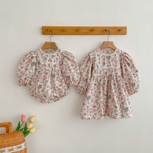 Baby Girl Flower Print Pattern Mesh Patchwork Design Onesies & Dress
