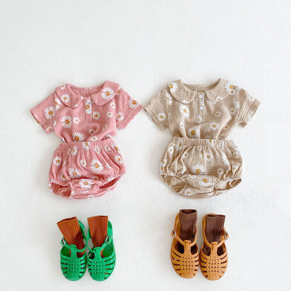 Baby Girl Floral Print Doll Collar Design Neck Buttoned Tops Combo Shorts Sets My Kids-USA