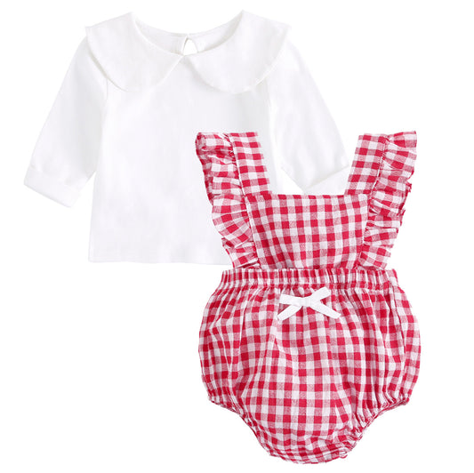 Baby Girl Doll Neck Solid Shirt & Red Plaid Graphic Bow Patched Bodysuit One Pieces Sets, MyKids-USA®, Baby & Toddler Outfits, MyKids-USA -  -  -  -  -  -  - .