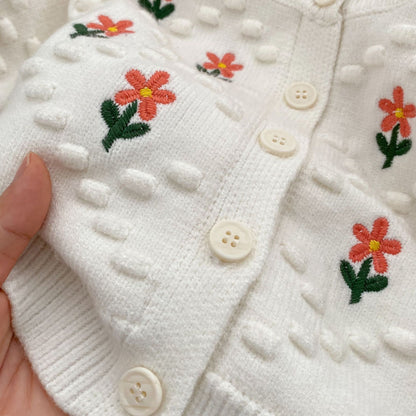 Baby Girl Flower Embroidered Pattern Thickened Knit Single Breasted Design Cardigan My Kids-USA