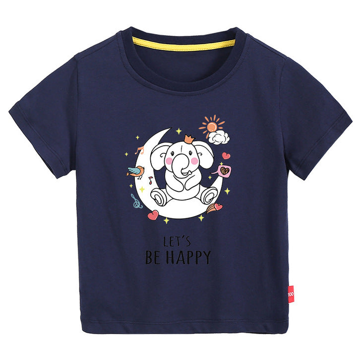 Baby Moon Elephant Printed Pattern Short-Sleeved Round Collar T-Shirt In Summer