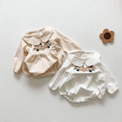 Baby Girl Embroidered Floral Lapel Collar Onesies