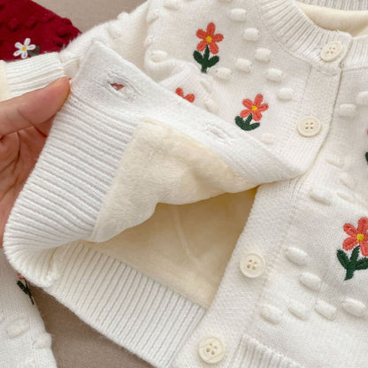 Baby Girl Flower Embroidered Pattern Thickened Knit Single Breasted Design Cardigan My Kids-USA