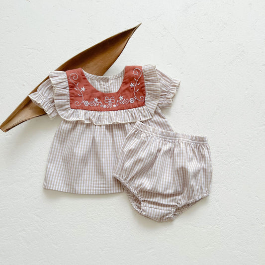 Baby Girl Embroidery Plus Grid Pattern Short-Sleeved Square Collar Sets
