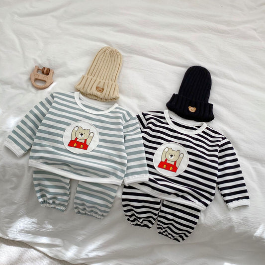 Ensembles de 2 pièces de sweats à capuche de conception de dessin animé à motif rayé pour bébé 