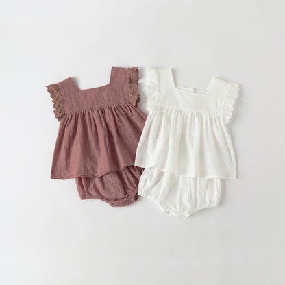 Baby Girl Solid Color Ruffle Design Square Neck Tops Combo Triangle Shorts 1 Pieces Sets My Kids-USA
