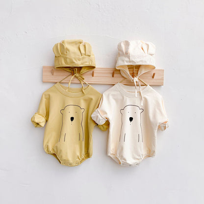 Baby 1pcs Cartoon Bear Pattern Solid Color Long Sleeves Bodysuit & Hat My Kids-USA
