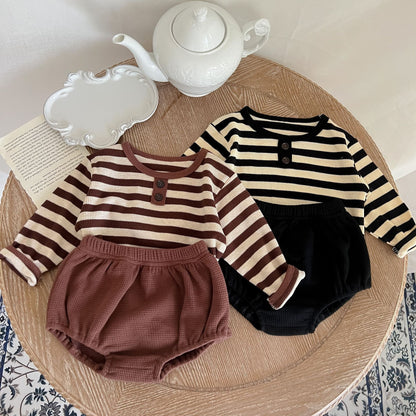 Baby Striped Pattern Long Sleeve Tops & Triangle Shorts 1 Pieces Sets My Kids-USA
