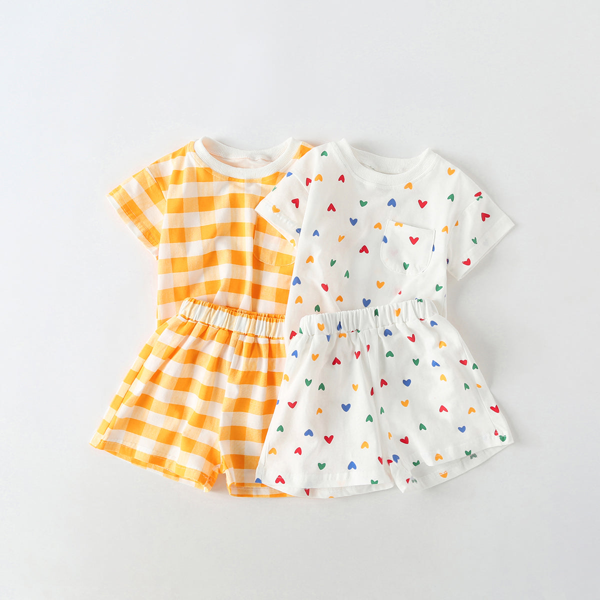 Baby 1pcs Plaid & Heart Pattern Tee Combo Shorts Simply Style Sets My Kids-USA