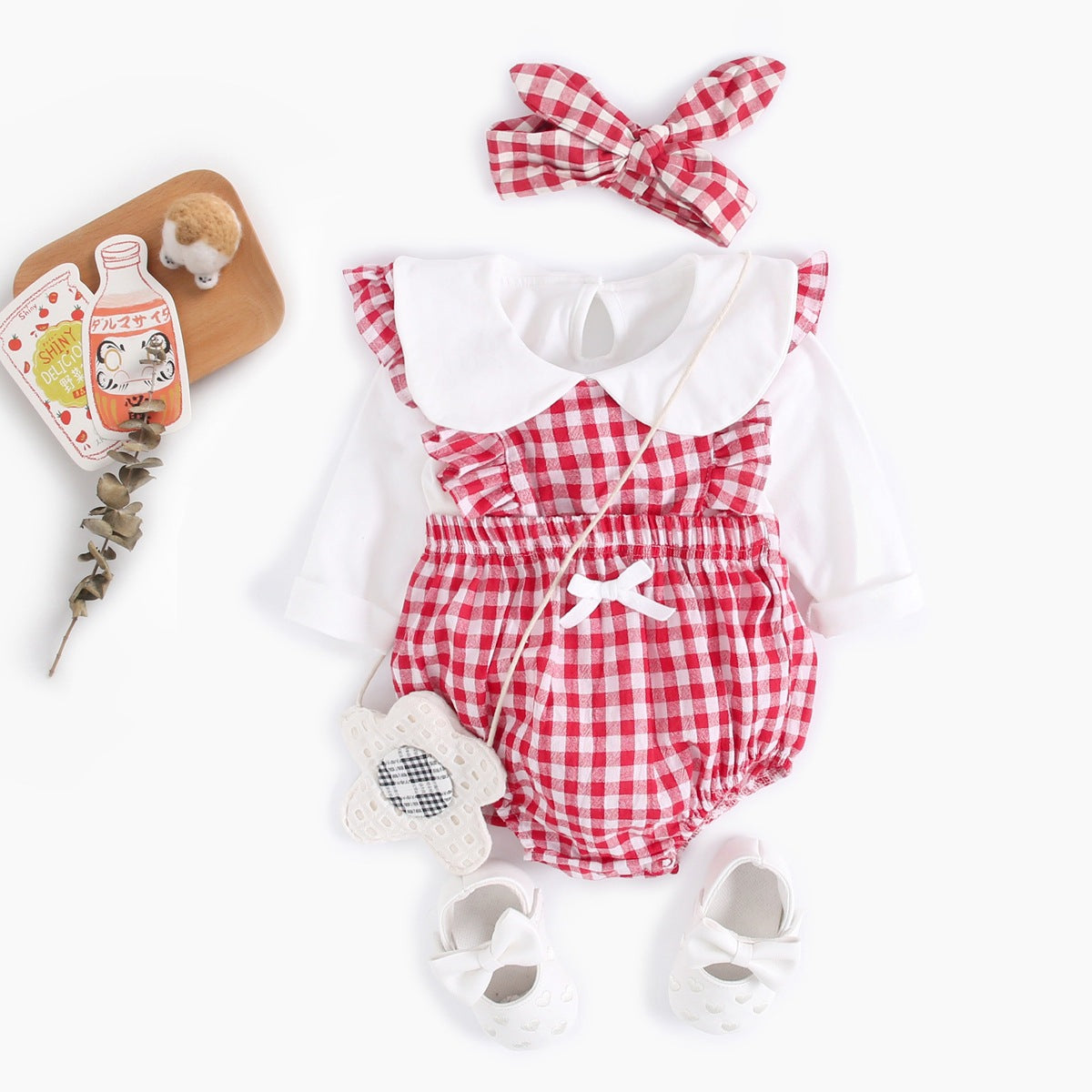 Baby Girl Doll Neck Solid Shirt & Red Plaid Graphic Bow Patched Bodysuit 1 Pieces Sets My Kids-USA