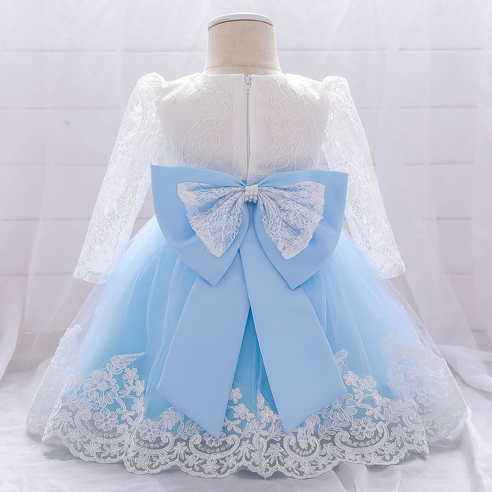 Baby Girl Bow Patched Design Long Sleeves Full Moon Christening Mesh Formal Dress 90 (12-24M) / Light Pink Baby Girl Bow Patched Design Long Sleeves Full Moon Christening Mesh Formal Dress 90 (12-24M) / Light Pink