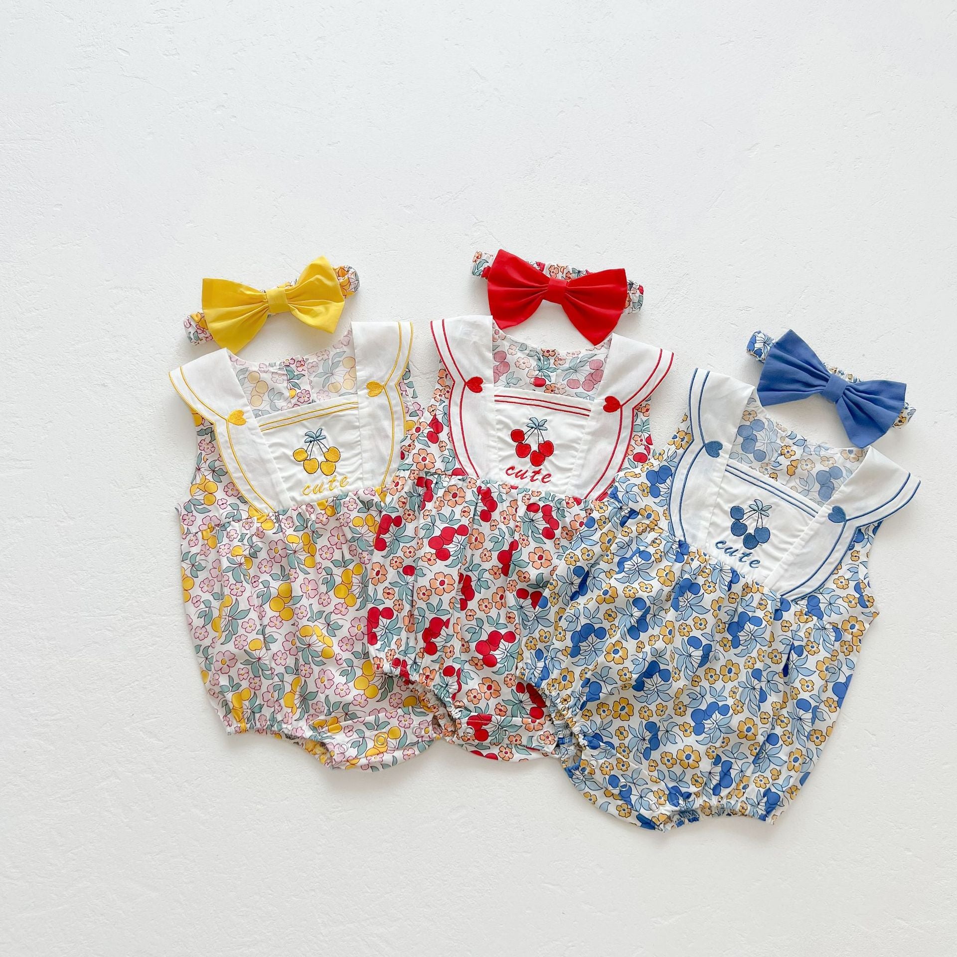Baby Girl Floral Print Pattern With Headband Sleeveless Onesie My Kids-USA