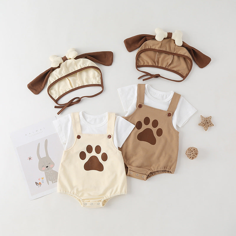 Baby Kids Puppy Print Pattern Short Sleeves With Straps Onesies In Set With Hat Of Puppy Shape My Kids-USA