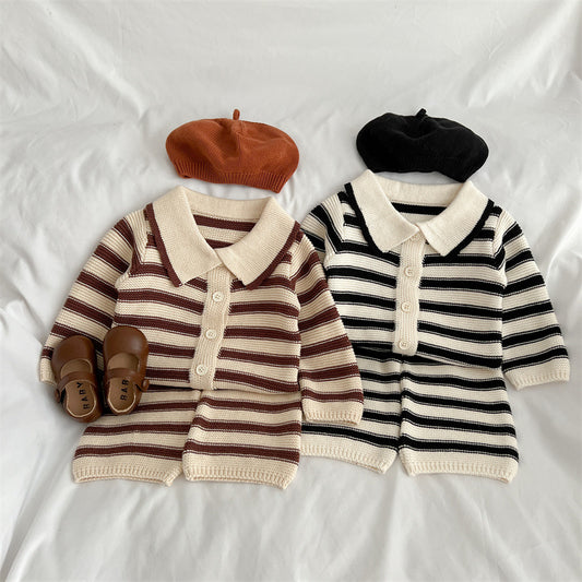 Baby Striped Pattern Lapel Knitted Cardigan With Pants Sets