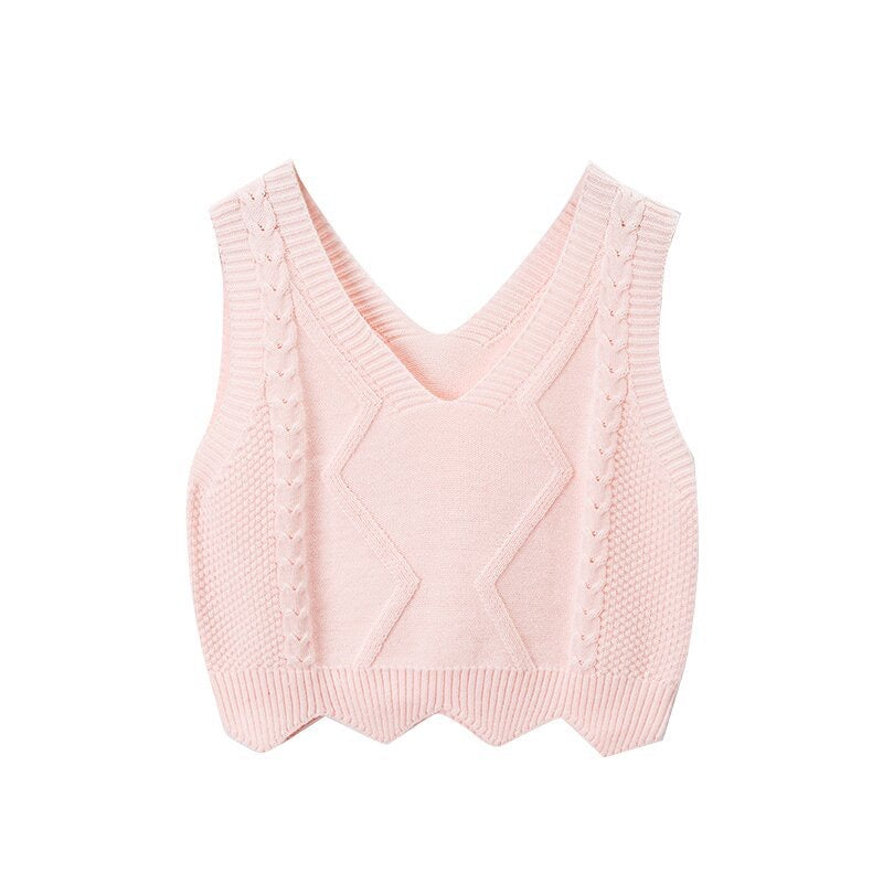 Baby Girl Solid Color Conchet Knitted Graphic V-Neck Sleeveless Vest Sweater My Kids-USA