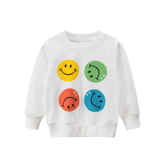 Girls Smile Face Print Round Collar Spring Long Sleeve Sweatshirt