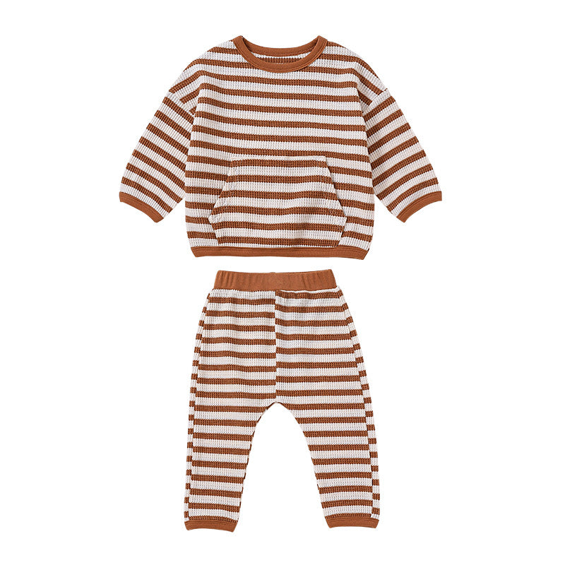 Baby Striped Pattern Or Solid Color Waffle Pocket Hoodie With Pants Sets My Kids-USA