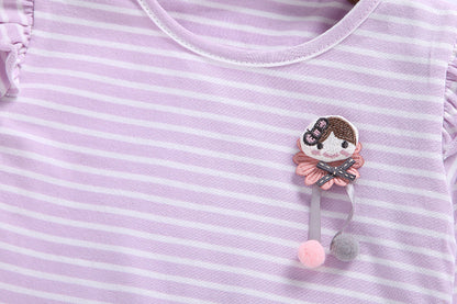 Striped Pattern Wooden Ear Edge Design Round Neck Butterfly Long Sleeve Bottoming Shirt With Cartoon Hanging Jewelry