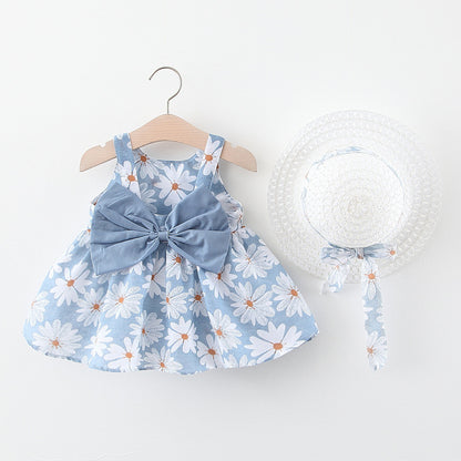 Baby Flower Pattern Bow Patched Design Sling Dress In Summer With Hat