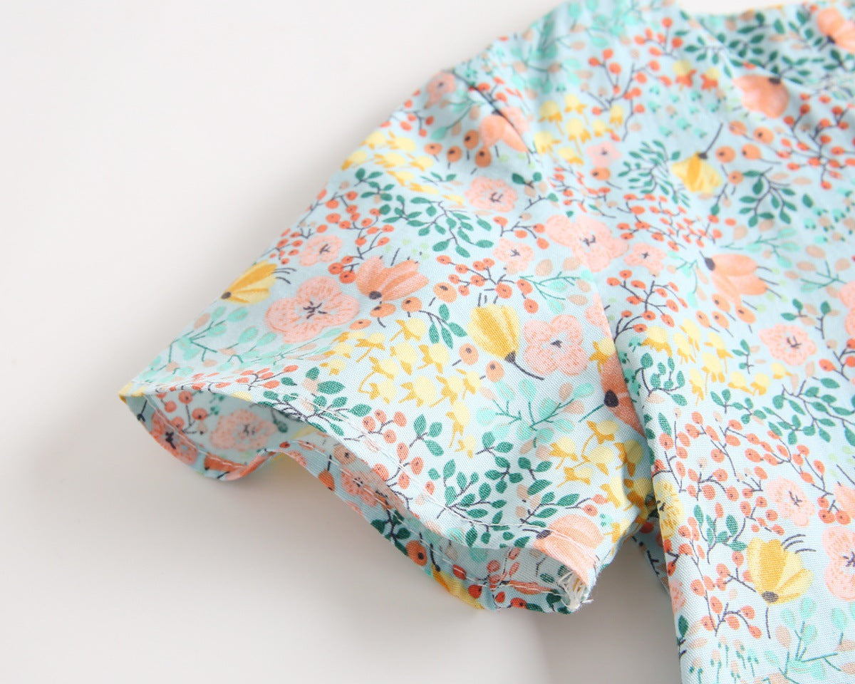 Baby Girls Floral Print V-Neck Buttoned Design Short-Sleeved Onesies