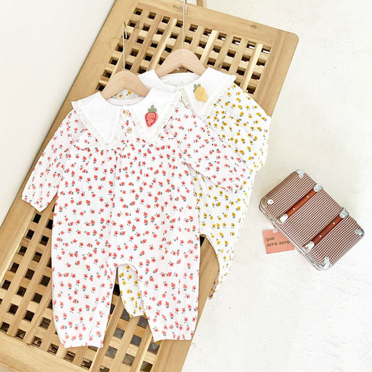 Baby Girl Ditsy Floral Print Carrot Embroidered Pattern Lapel Romper My Kids-USA