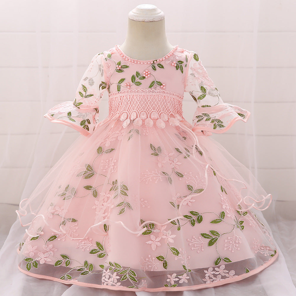 Baby Girl Embroidered Pattern Medium Sleeves One Year Old Tutu Formal Dress My Kids-USA