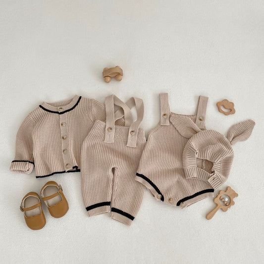 Baby Solid Color Sleeveless Onesies With Jumpsuit Combo Cardigan Sets
