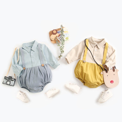 Baby Boy Solid Color False 2-Piece Design Long Sleeved Onesies Bodysuit My Kids-USA