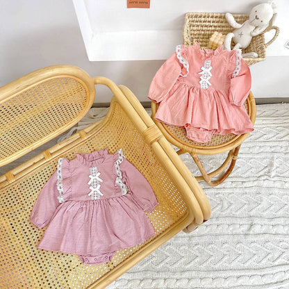 Baby Girl Solid Color Mesh Patchwork Design Long Sleeved Onesies Dress My Kids-USA