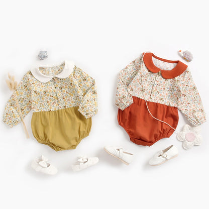 Baby Girl Floral Print Pattern Color Blocking Design Long Sleeve Round Neck Onesies My Kids-USA