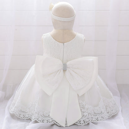 Baby Girl Floral Mesh Overlay Design Princess Full Moon Formal Dress & Headband My Kids-USA