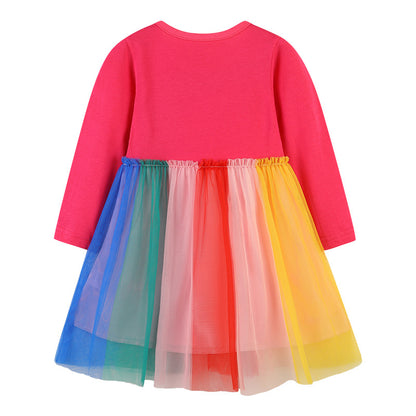Baby Colorful Rainbow Pattern Mesh Overlay Design Pullover Dress My Kids-USA