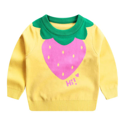 Baby Girl Cartoon Strawberry Pattern Solid Pink Pullover Sweater My Kids-USA