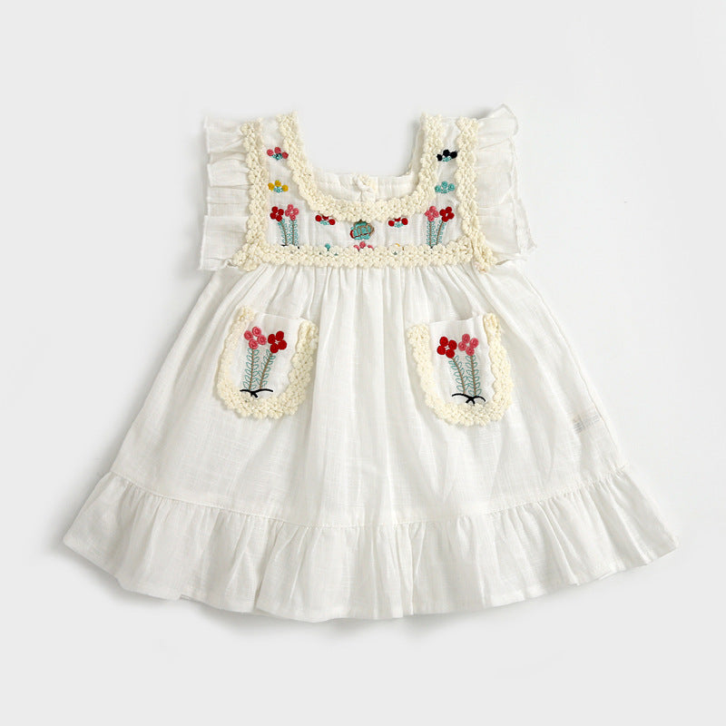 Baby Girls Floral Embroidery Lace Patchwork Square Collar Puff Sleeves Dress In Summer My Kids-USA