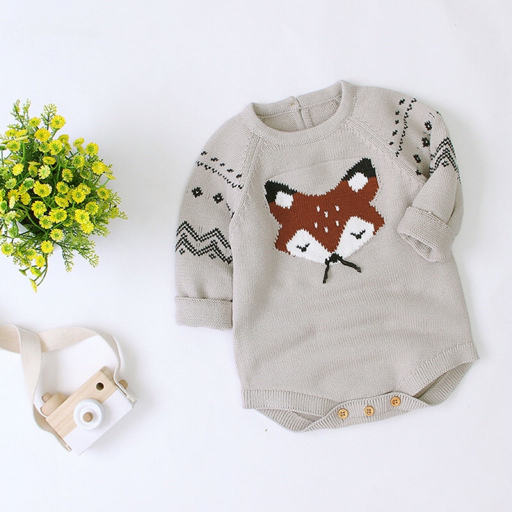 Baby Cartoon Fox Graphic Long Sleeves Triangle Knitted Romper Jumpsuit In Autumn My Kids-USA