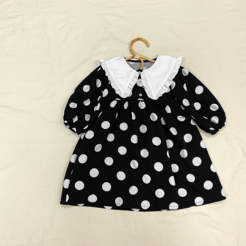 Baby Girls Polka Dot Print Turn-Down Collar Design Pull Sleeved Dress My Kids-USA
