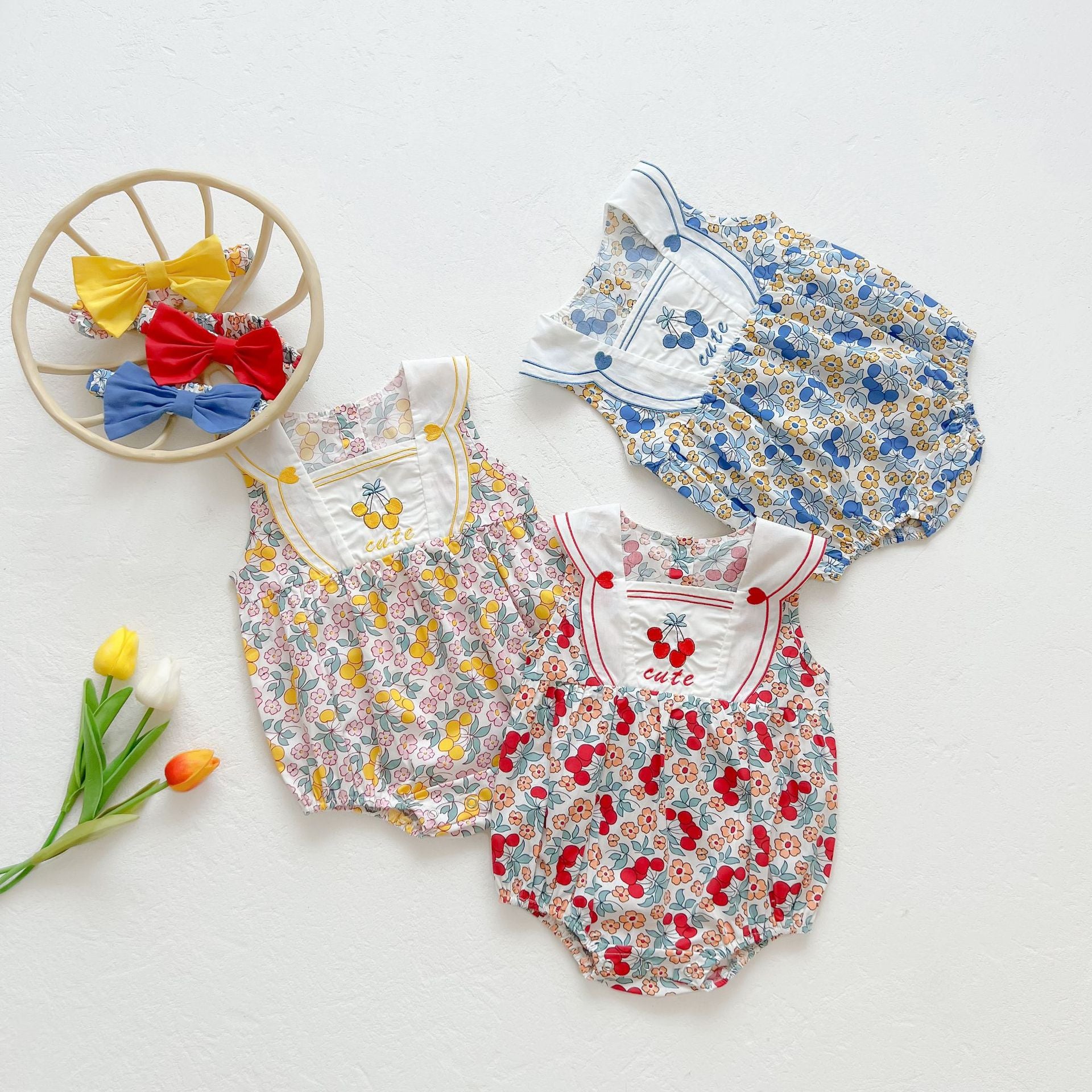 Baby Girl Floral Print Pattern With Headband Sleeveless Onesie My Kids-USA