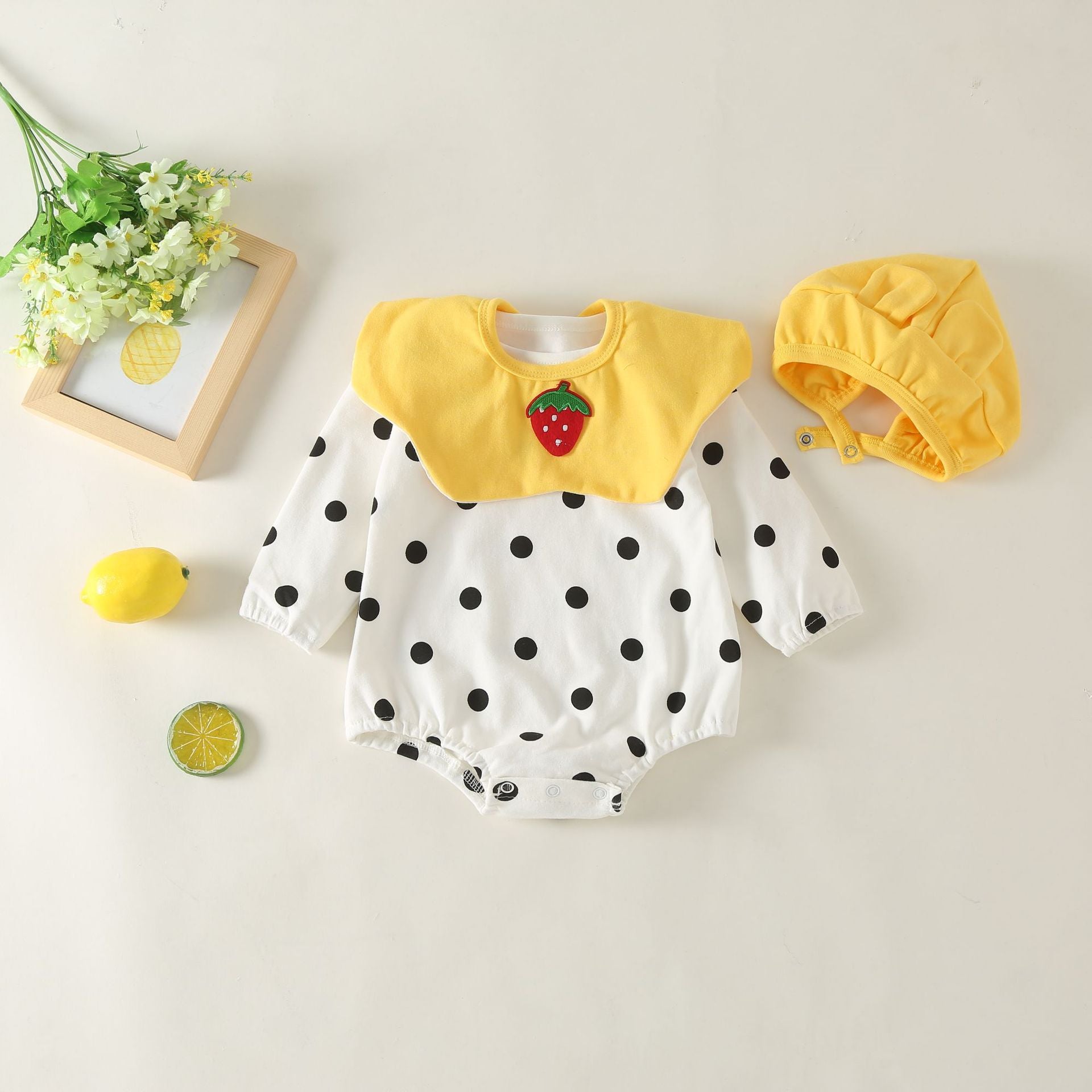 Baby Girl Polka Dot Pattern Strawberry Embroidered Doll Neck Detachable Design Bodysuit & Hat My Kids-USA