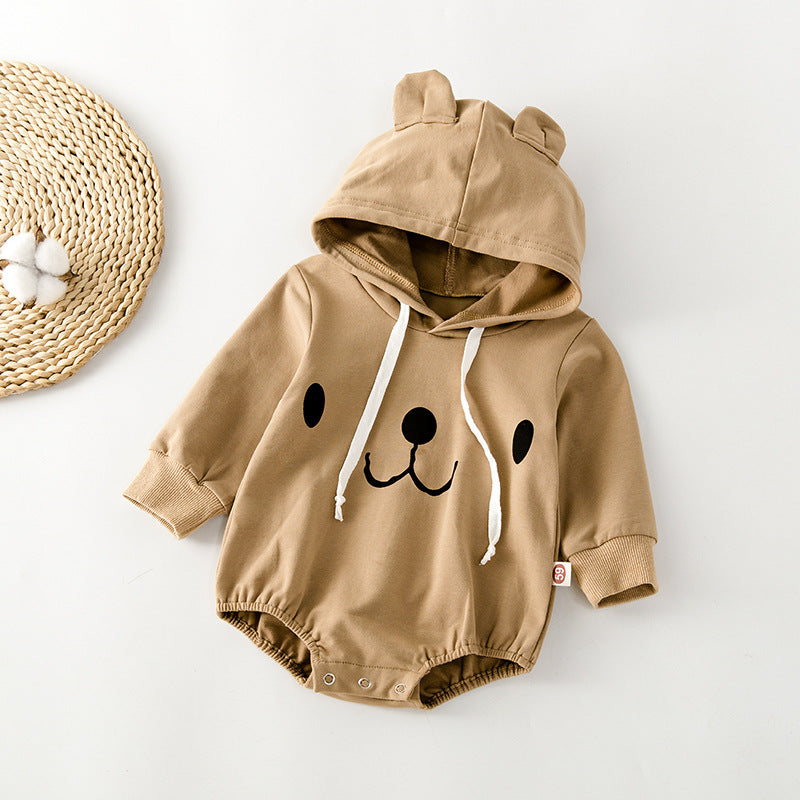 Baby Bear Pattern Solid Color Long-Sleeved Onesies With Hat In Spring & Autumn
