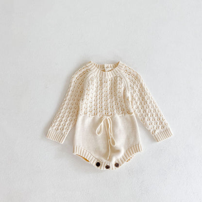 Baby Girl 1pcs Hollow Carved Hand Knitted Fabric Belted Waist Long Sleeve Crotch Onesies My Kids-USA