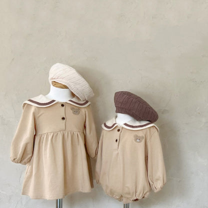 Baby Cartoon Bear Pattern Lapel Cute Long Sleeve Dress & Onesies My Kids-USA
