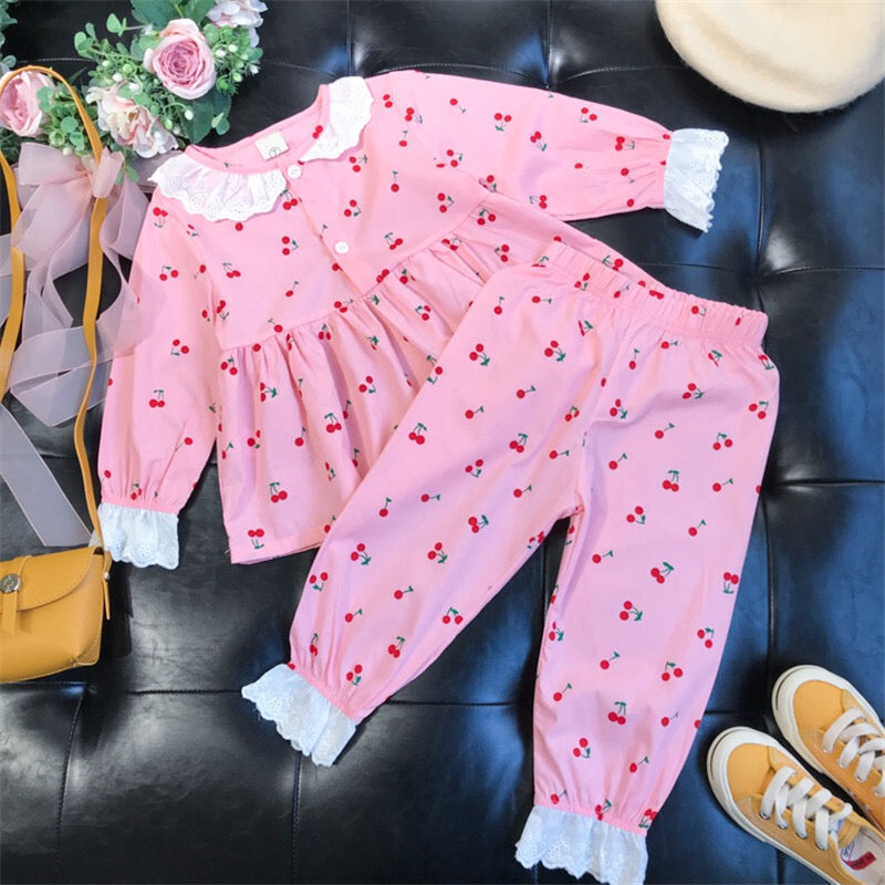 Baby Girl Cherry Pattern Doll Neck Shirt Combo Trousers Pajamas Tracksuit My Kids-USA