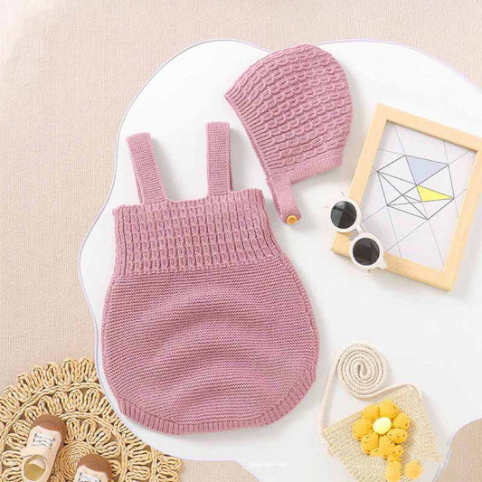 Baby Girl Solid Color Sling Knitted Onesies With Hat Sets